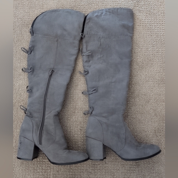 Charming Charlie Tall Bow Back Detail Grey Suede Heeled Boots - Picture 2 of 12